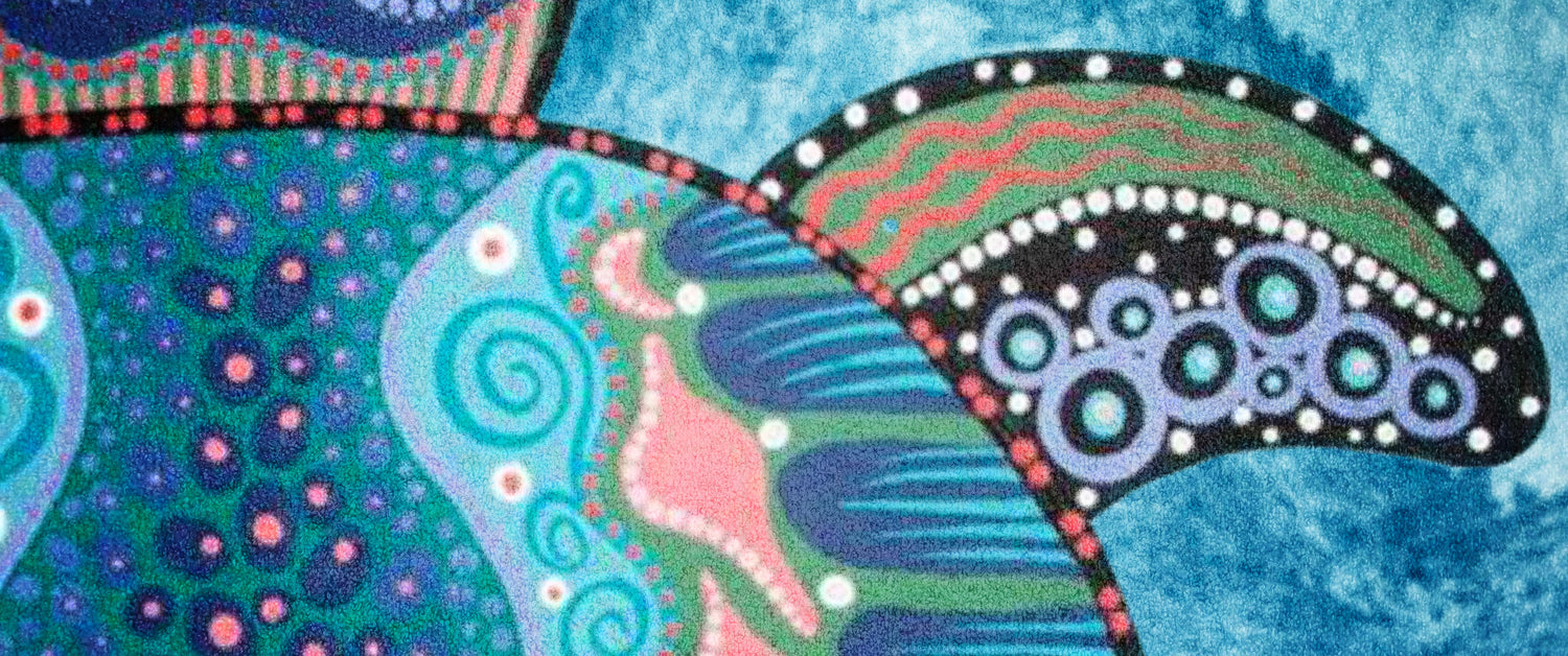 Australian Indigenous Seating Rug close up of turtle design. Bloom Classroom Sydney