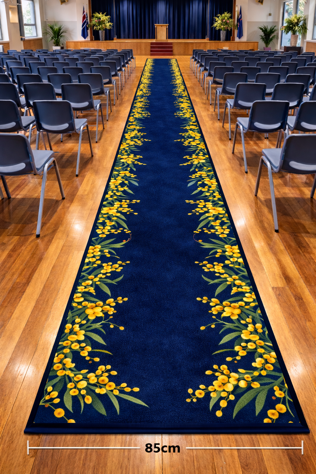 non customised hall runner with wattle border in school hall