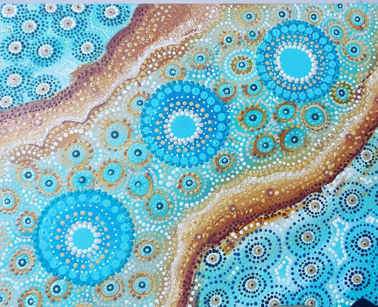school hall runner with indigenous design represents water customisable with school crest