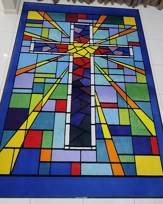 Faith Based Classroom Mat - Stained Glass Window Cross - 2m x 3m
