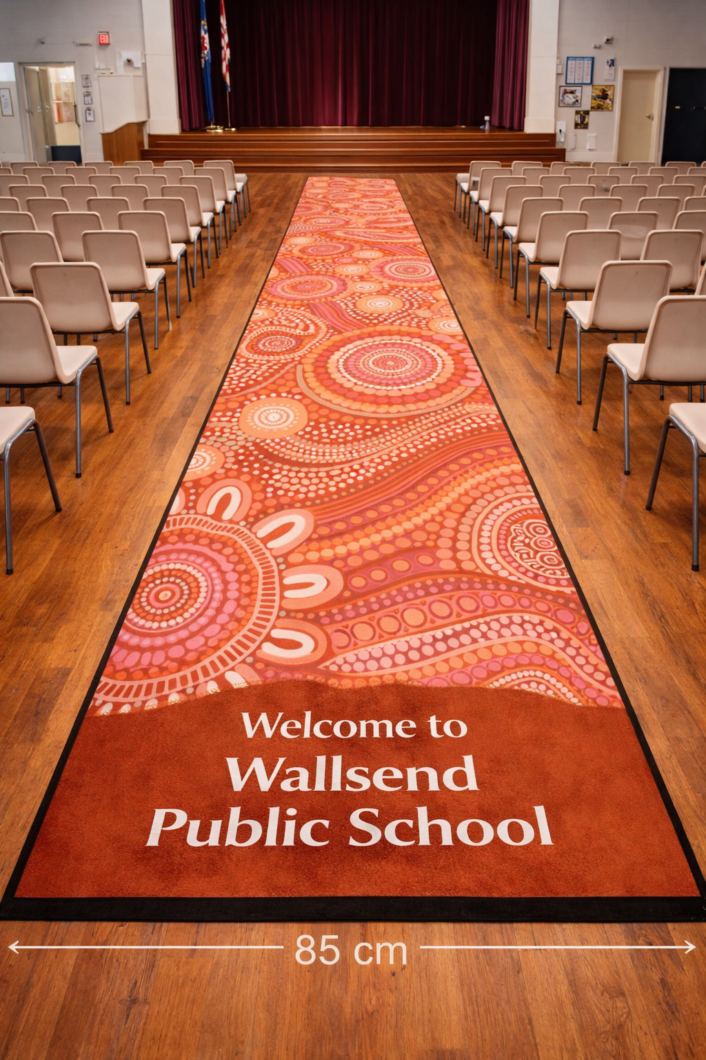 hall runner indigenous design pastel colours in school hall
