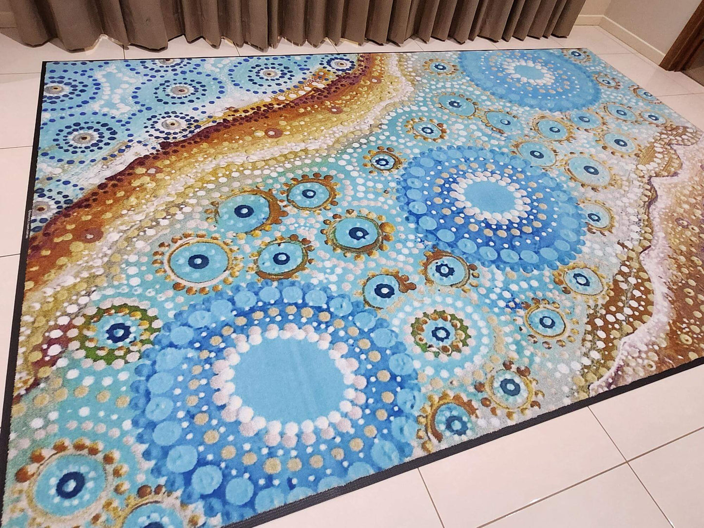 Gorgeous River Country classroom rug, 2m x 3m, depicting waterways in Indigenous art, durable with non-slip and non-trip design.