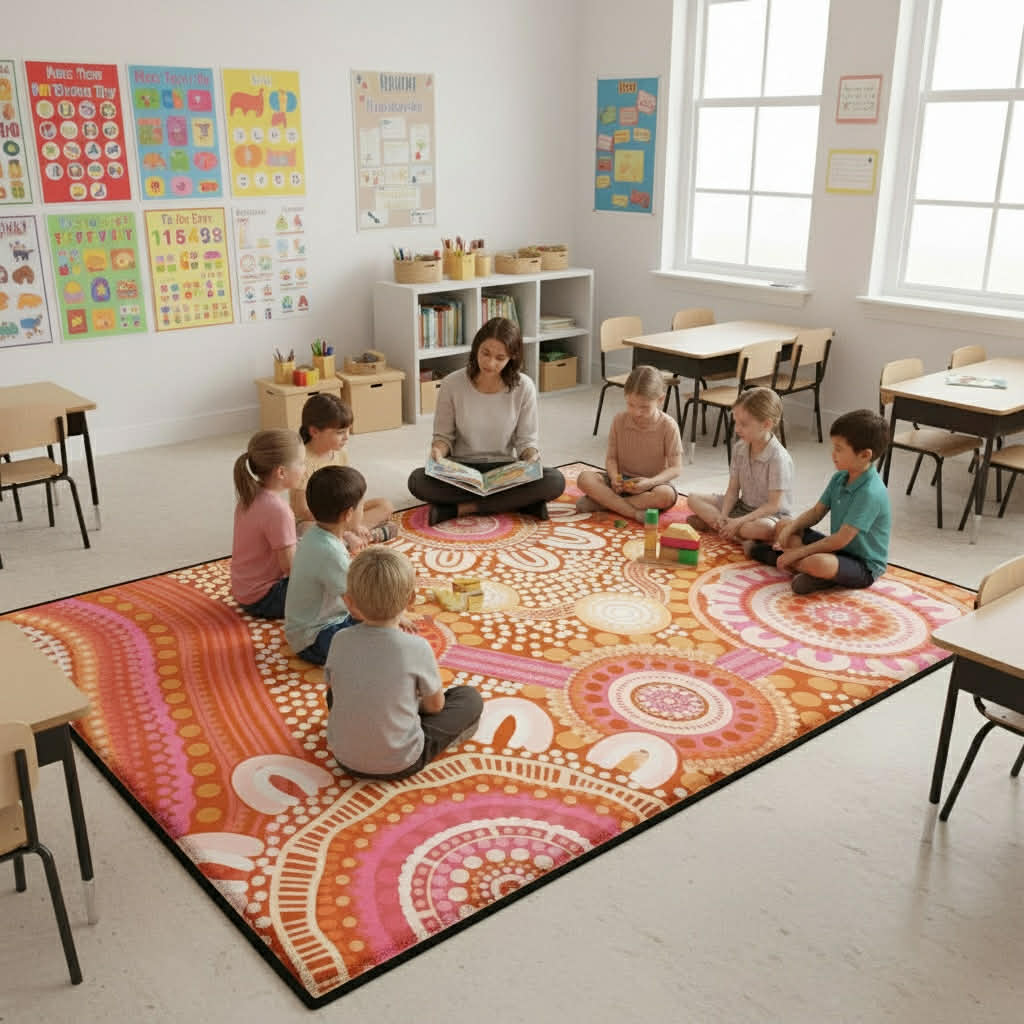 Children sitting on Australian Indigenous Mat in classroom