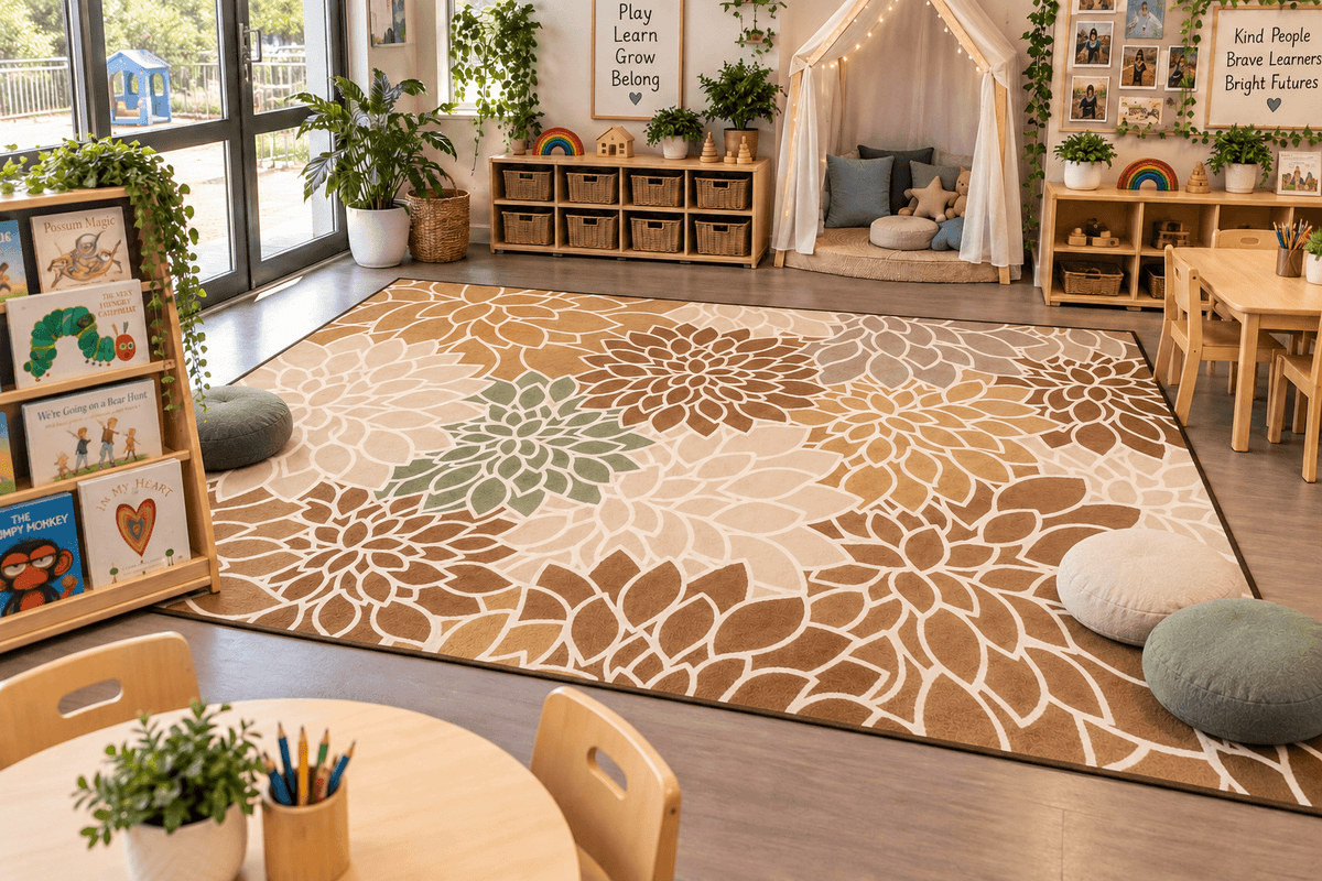 Australian Classroom Mat - Dahlias Neutral Colours - 2m x 3m.