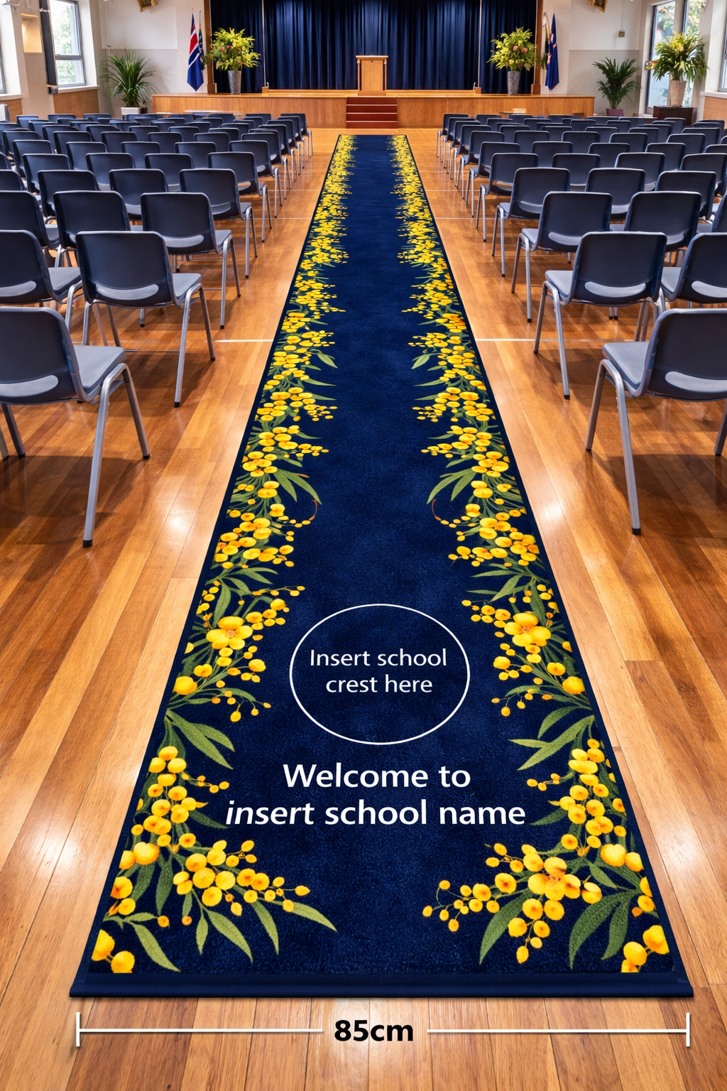 school hall runner in hall with australian wattle border design
