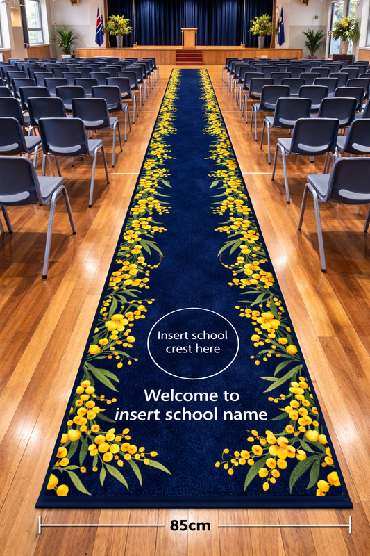 school hall runner in hall with australian wattle border design