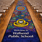 bright neon hall runner indigenous design with school logo and welcome australia