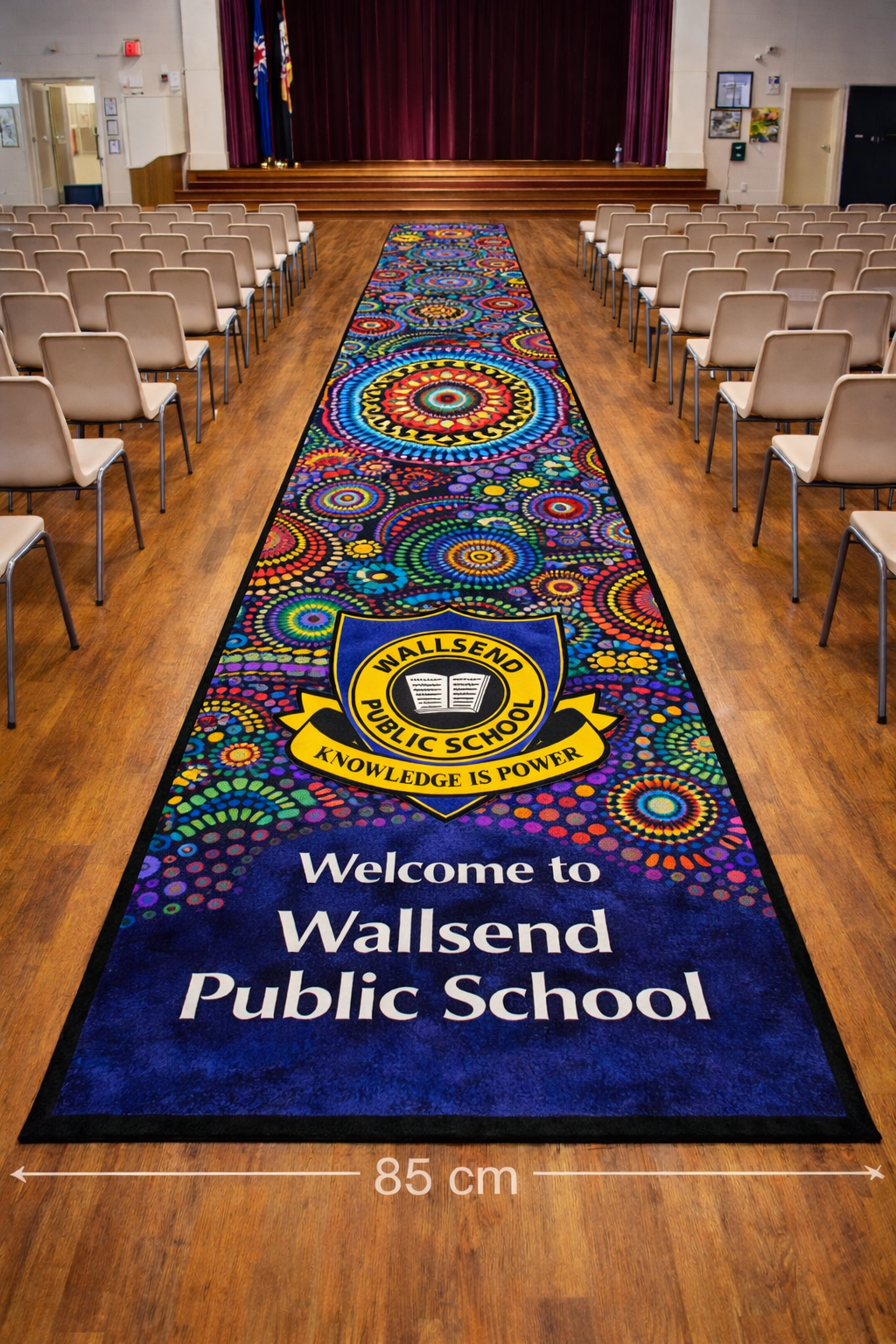 bright neon hall runner indigenous design with school logo and welcome australia