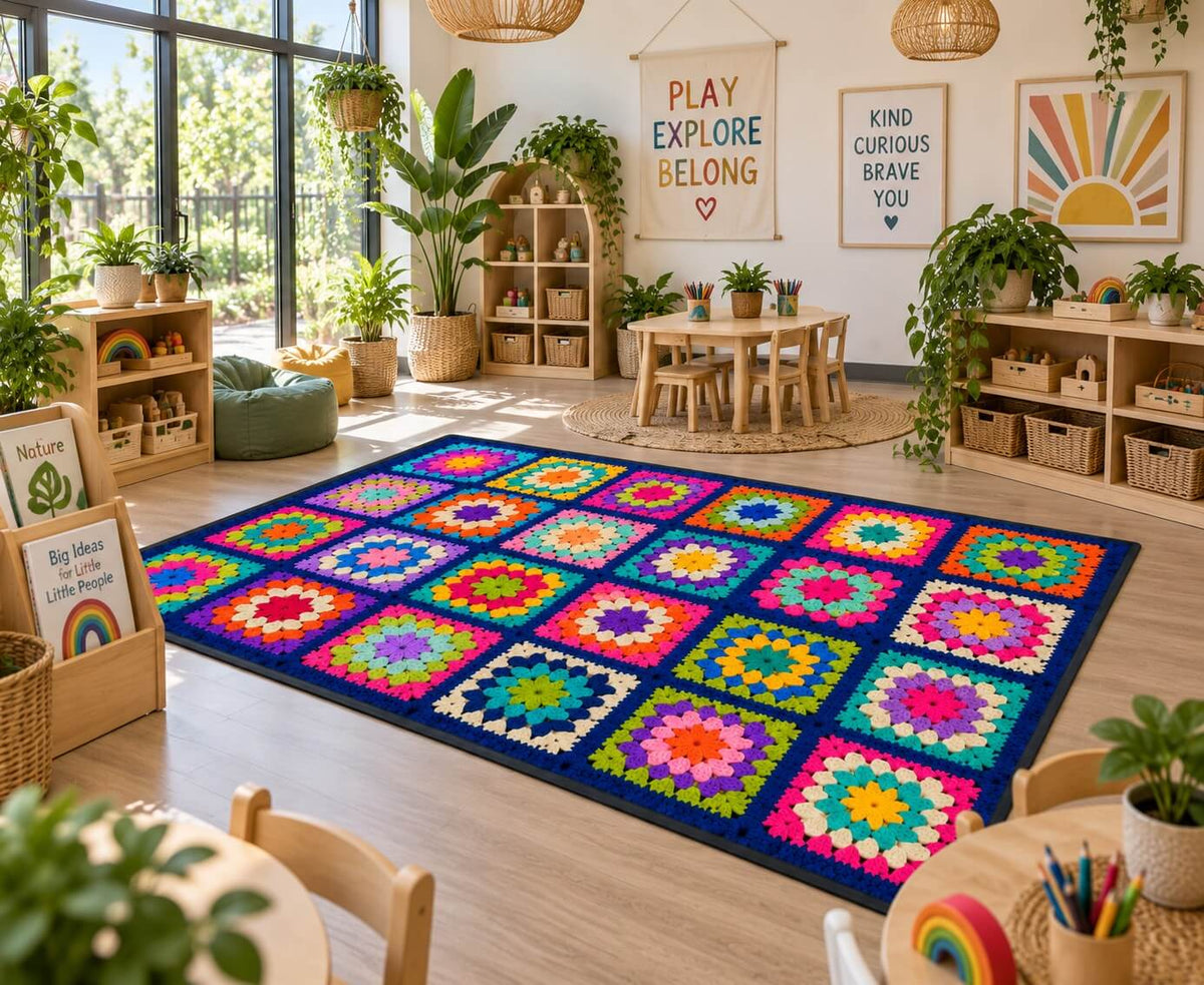 24 Square Classroom Seating Mat - Crochet Squares (2m x 3m)