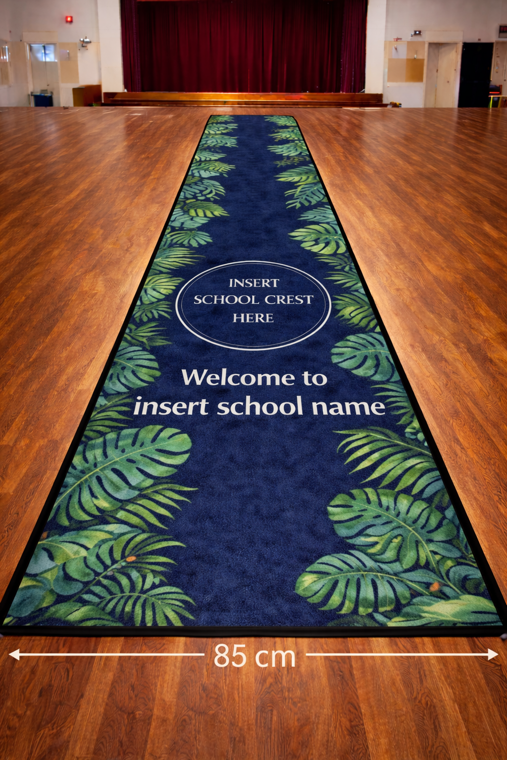 hall runner in school hall with tropical leaves border navy base colour