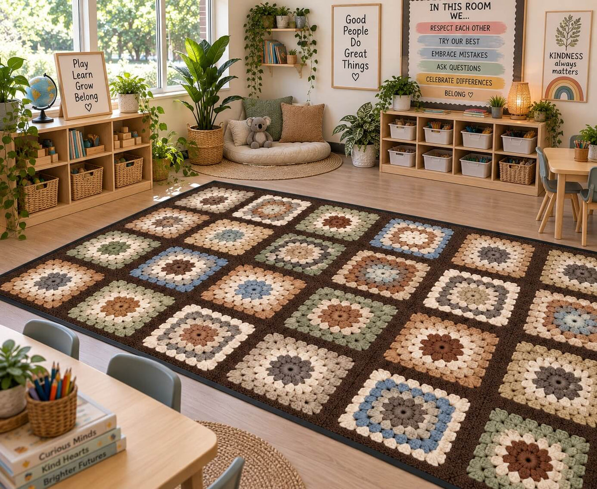 24 Square Classroom Seating Mat - Crochet Squares (2m x 3m)
