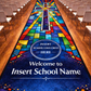 stained glass window design with cross on school hall runner in hall
