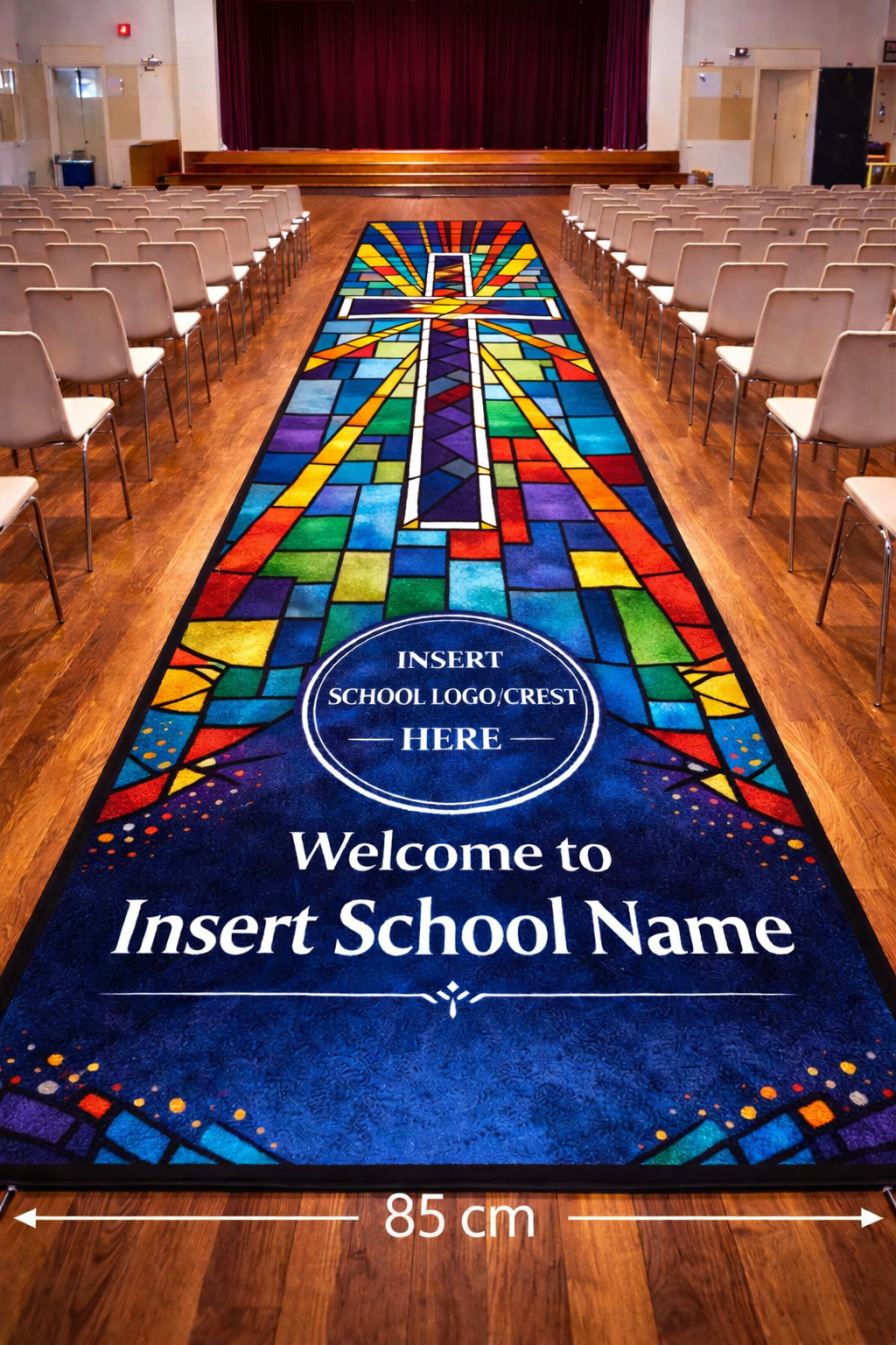 stained glass window design with cross on school hall runner in hall