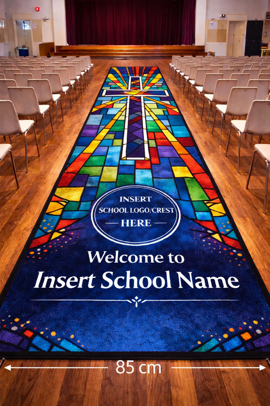 stained glass window design with cross on school hall runner in hall
