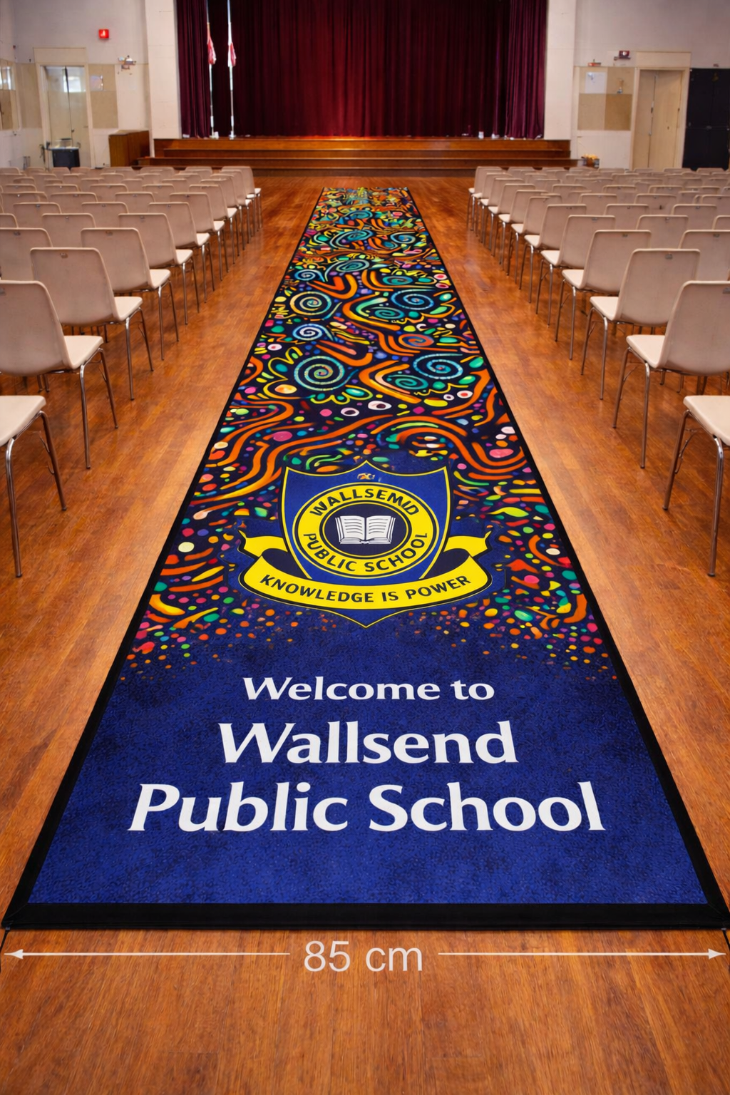 Ready-to-go Indigenous hall runner in a school hall, featuring Australian Indigenous artwork