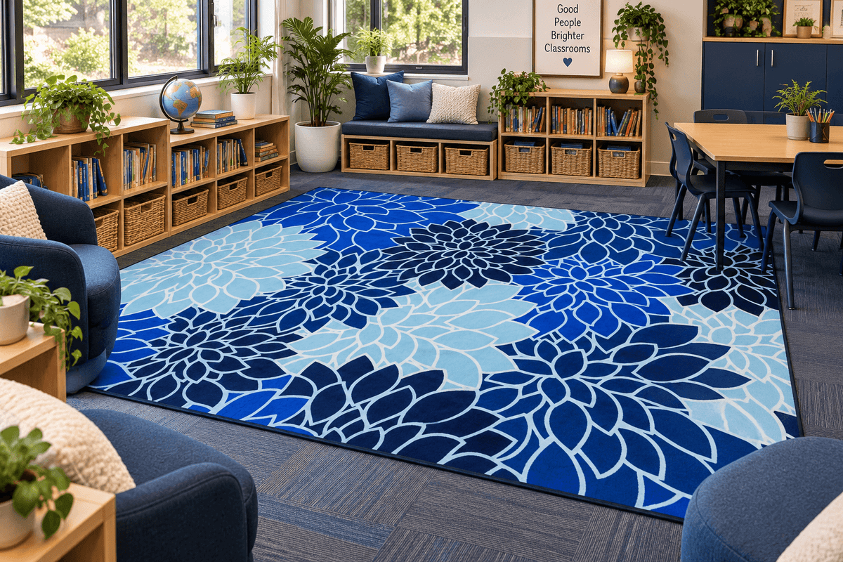 Australian Classroom Mat - Dahlias Blue Mat - 2m x 3m and Round 200cm diameter