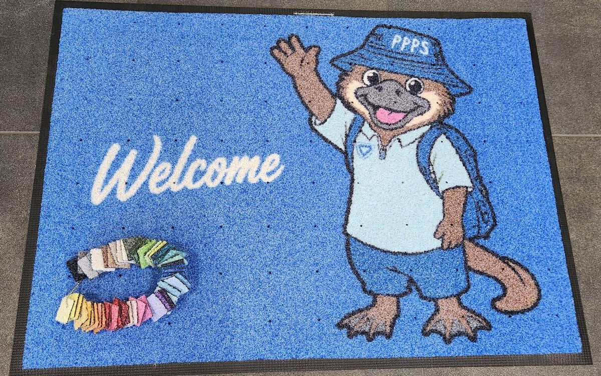 School mascot welcome mat in blue