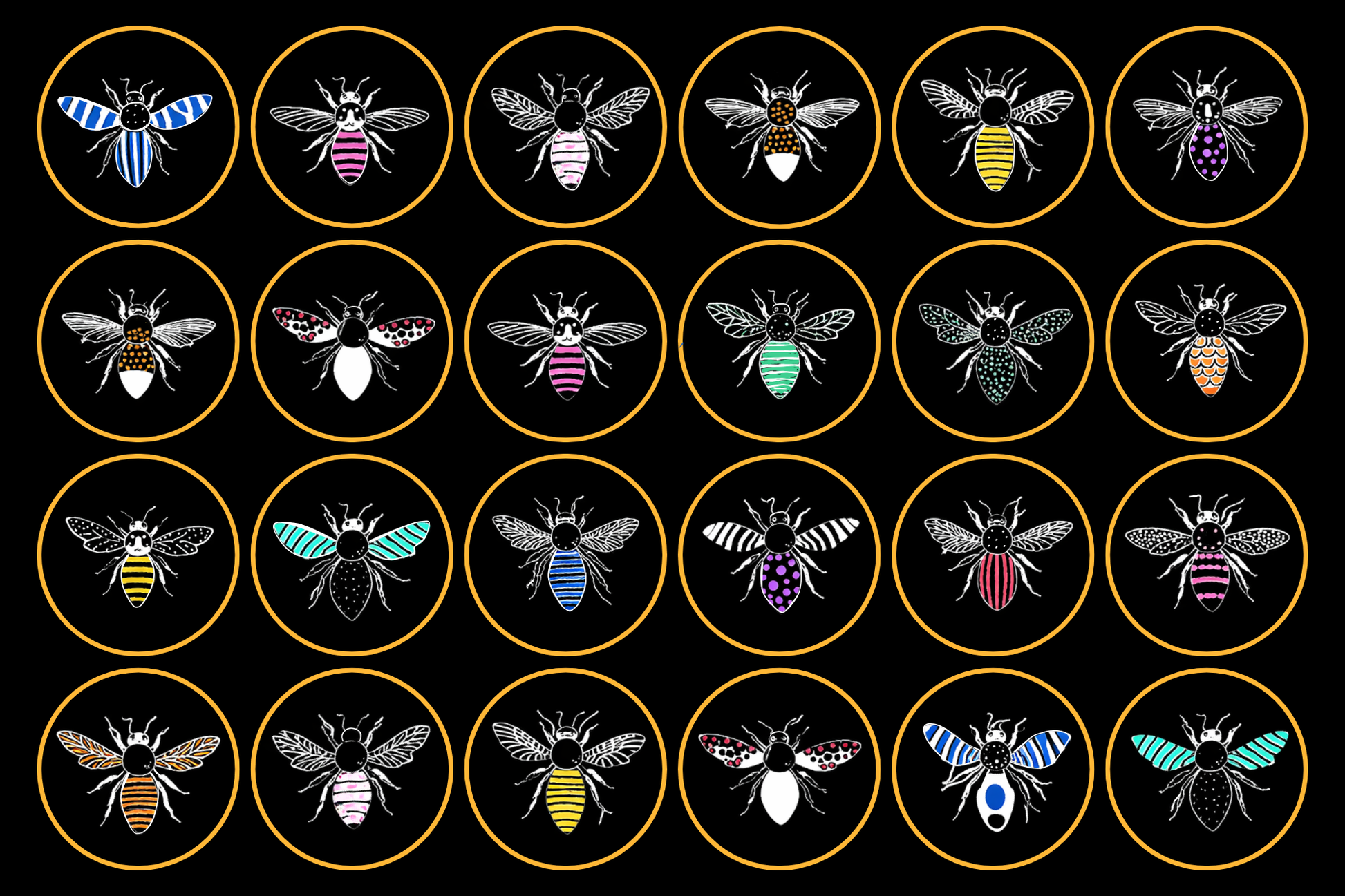 colour-bees-on-black-background-with-yellow-circles