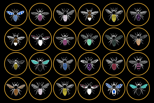 colour-bees-on-black-background-with-yellow-circles