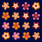 24 pink and orange retro flowers on a blue background