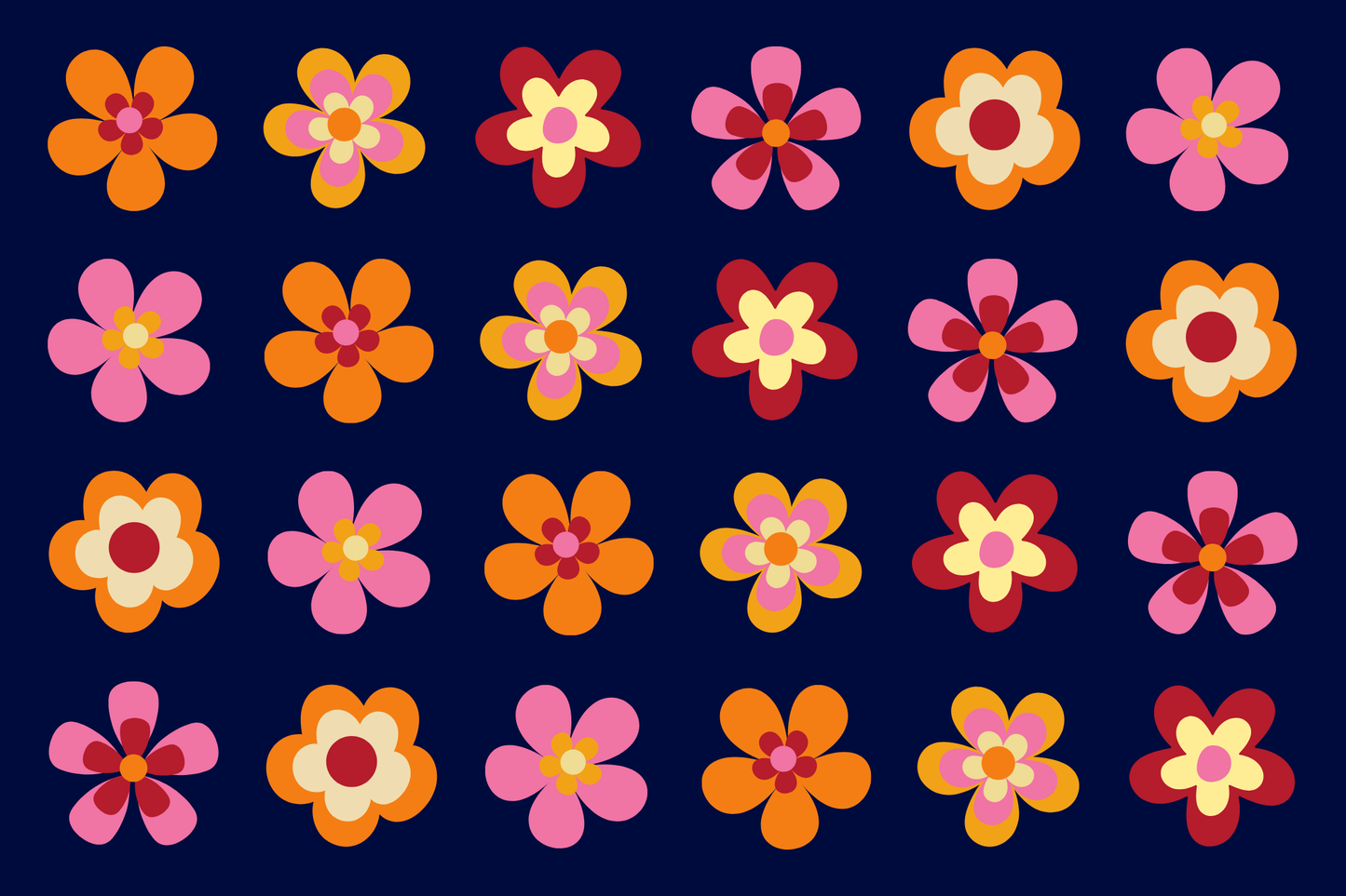 24 pink and orange retro flowers on a blue background