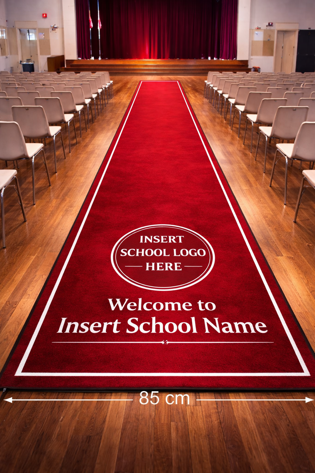 red carpet in school hall school name and crest