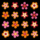 24 pink and orange retro flowers on a black background