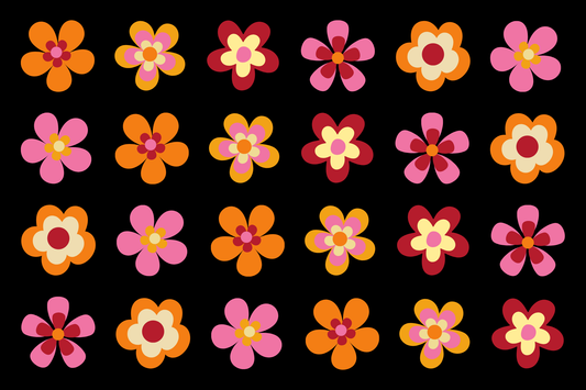 24 pink and orange retro flowers on a black background