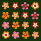 24 pink and orange retro flowers on a green background