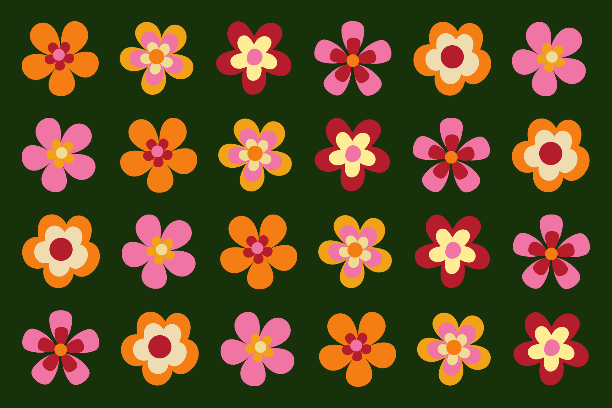 24 pink and orange retro flowers on a green background